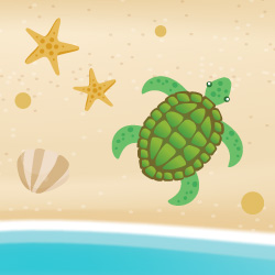 Illustration of turtles on the beach, representing Crayola-themed summer camp fun